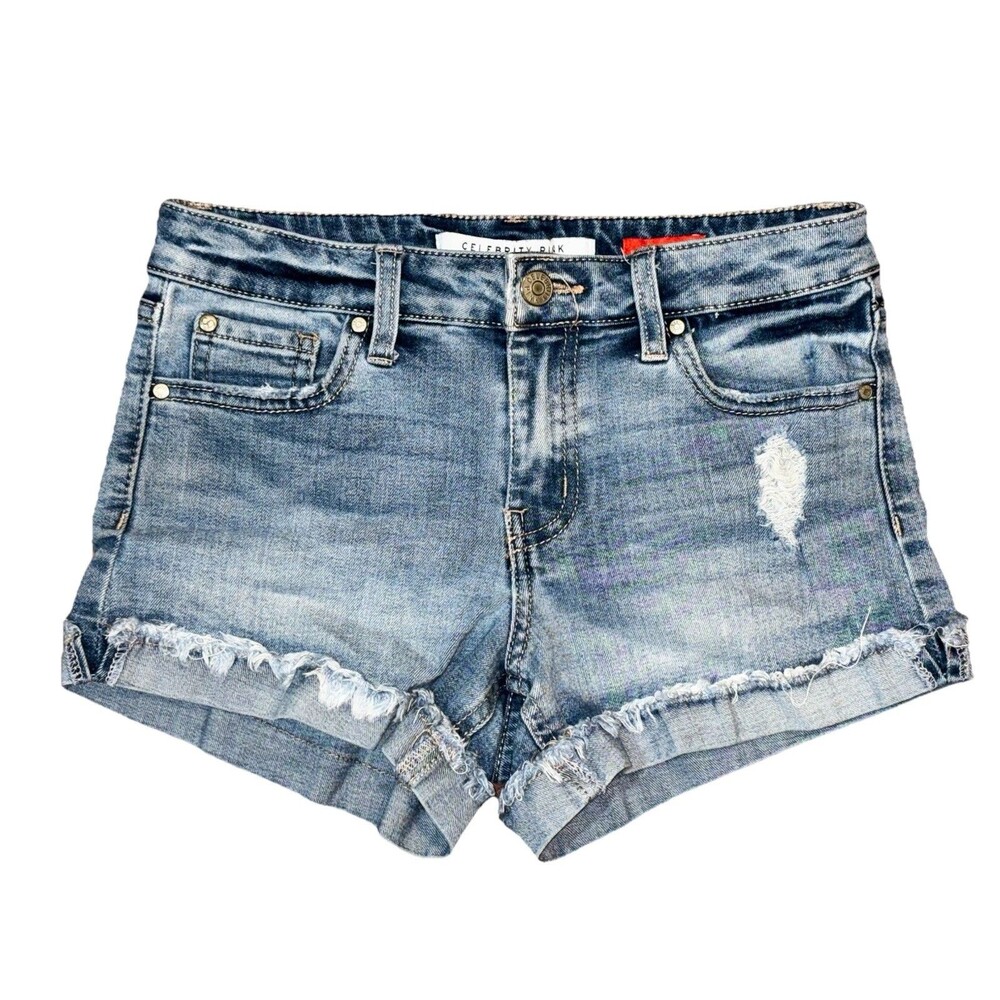 Celebrity Pink Honey Distressed Cutoff Denim Shorts Jrs Sz 1/25 Button Zip